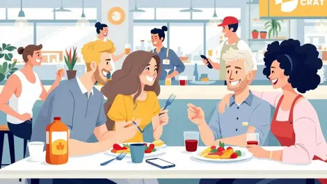 Happy diners enjoying meal busy australian restaurant digital payment