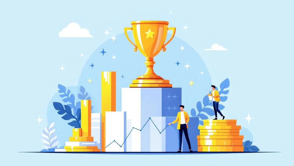 Trophy on podium surrounded by bar charts and data graphs analytics recognition
