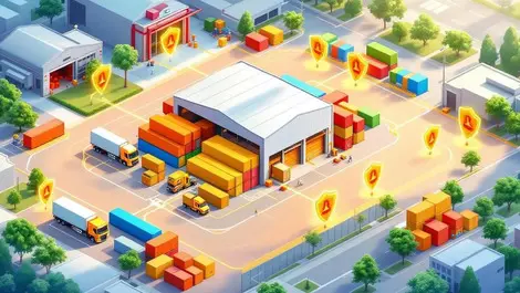 Secure warehouse with connected trucks shipping containers digital shields australian urban scene