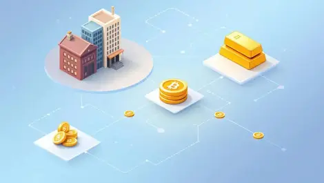 Digital real world assets buildings gold bars tokenized blockchain modern