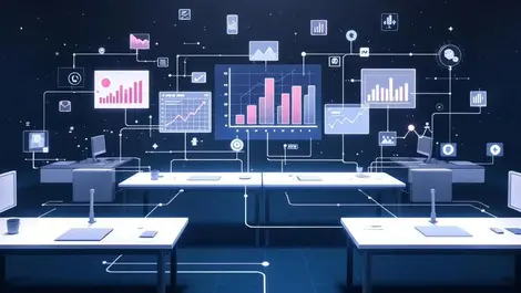 Interconnected office desks digital graphs charts workplace data analytics collaboration