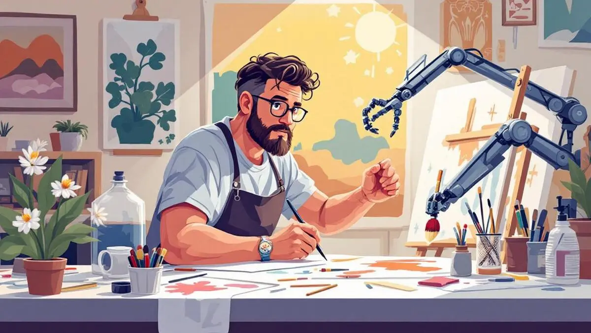 Australian artist in studio traditional art materials robotic arm shadow