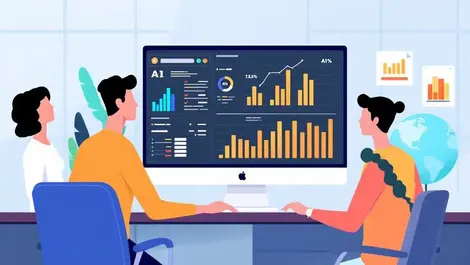 Office team collaborating around computer showing ai driven analytics modern workplace