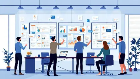 Business professionals analyzing digital data streams organized files modern office