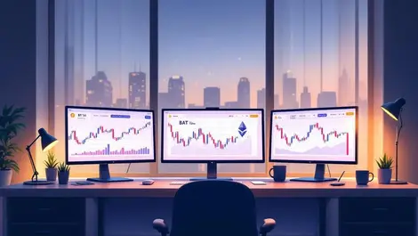 Crypto trading desk bitcoin ethereum charts with bat token surge