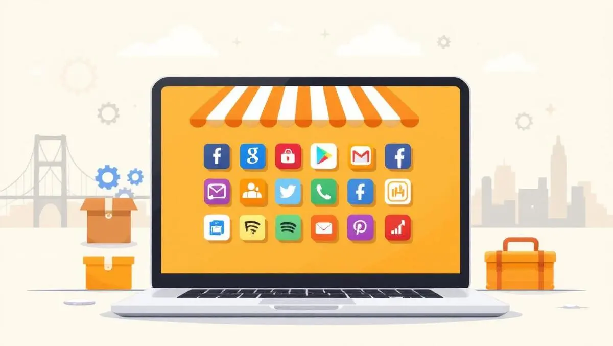 Laptop app store grid with workflow icons gears sf skyline bg