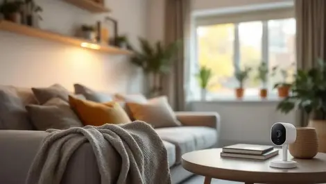 Cozy uk living room with small indoor security camera daylight