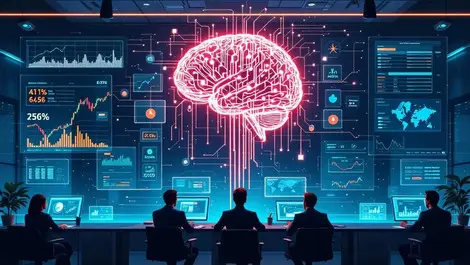 Ai brain overseeing digital screens in modern bank core ops