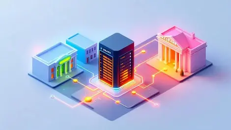 Isometric bank server room pipelines to traditional and neobanks