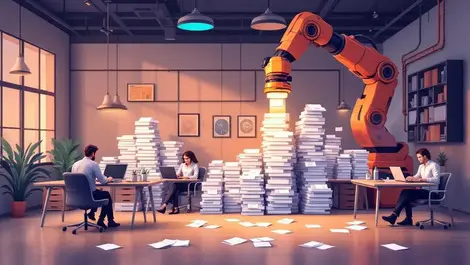 Modern accounting office robotic arm sorting invoices partial automation