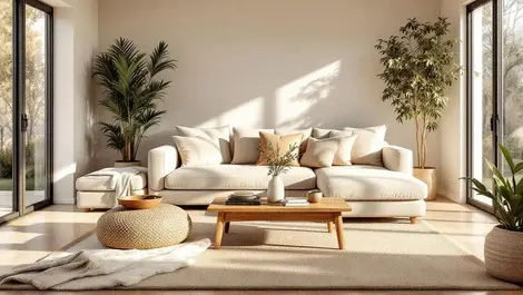 Sunlit australian living room plush sofa wood table cozy minimal