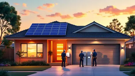 Australian sunset home solar panels dual batteries electricians work