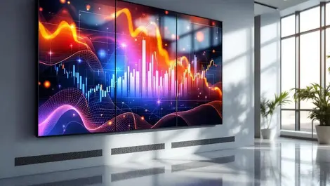 Modern lobby wall display abstract data graphs energy efficient