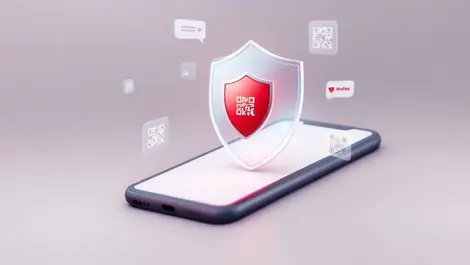 Smartphone shielded from qr scams with red protection icon