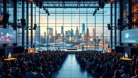 Modern london tech conference hall ai talks skyline robots