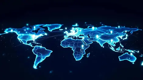 Global glowing sd wan network map 90 connected locations night