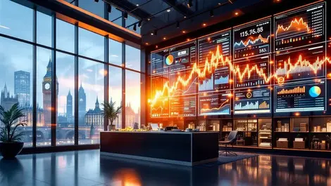 Modern london bank interior digital dashboards glowing payments flow