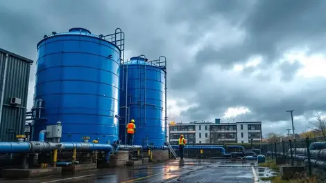 Uk industrial estate blue water tanks workers resilient supply