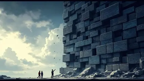 Moody legacy code wall crumbling with bugs and stressed engineers