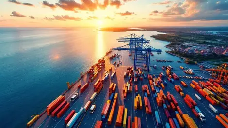 Aerial australian container port sunrise digital optimisation green
