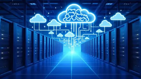 Hybrid multicloud ai data center with cloud icons and circuitry