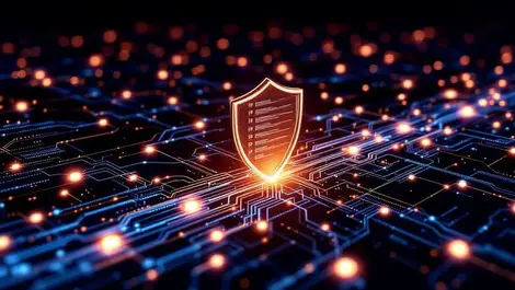 Intricate digital data pipeline with shield governance overlay