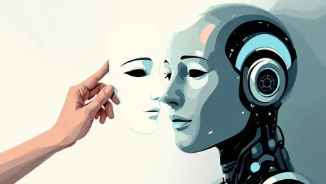 Robot head hand adjusting theatrical mask ai ethics moral conflict