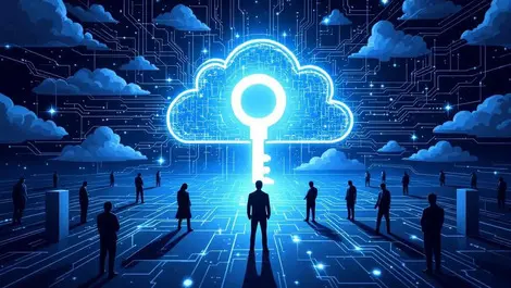 Hybrid cloud network stolen digital identity glowing key figure