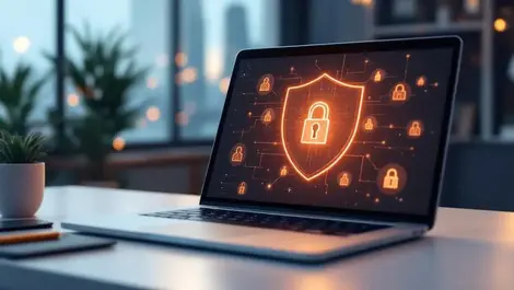 Sf office laptop glowing shield privacy first digital identity fraud