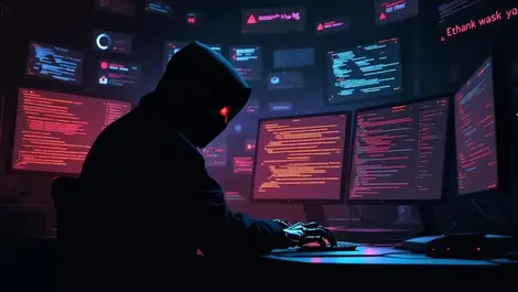 Ai cyberattack shadow figure robotscreens red alarm extortion