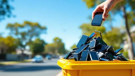 Old smartphones dropped into bright yellow australian ewaste bin